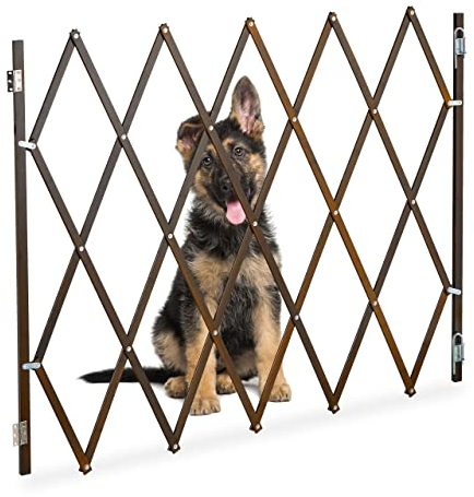 Relaxdays Barrera Seguridad Perro Bambú, Valla Salvaescaleras Plegable, hasta 130,5cm, 100cm Alto, Reja Mascotas, Marrón, Hierro