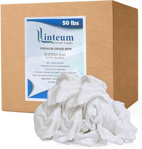 Linteum Textile Supply White Tshirt Rags 50 lb Box Staining and Finishing Wiping Towels for Auto, Painting Wood Polishing Jersey Knit Poly Cotton Wiper Rag T-Shirt Material Reusable Cleaning Cloths