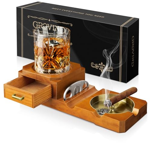Grovind Cigar Ashtray Gift Set with Cigar Cutter, Whiskey Glass Tray and Wooden Ash Tray Outdoor Ashtray for Cigarettes, Great Decor for Home Office cigar Gifts for Men