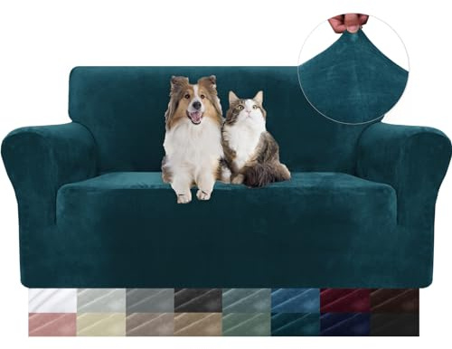 YSTELLAA Samt Sofa Überzug 2 Sitzer, Stretch Sofahusse Universal, Sofaschoner rutschfest, Sofa Covers Mit Armlehne, Couch Bezug Schutz Katze, Waschbare Couchschoner, Dunkel Grün