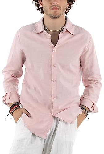 Giosal Camicia Uomo Lino Colletto Tinta Unita Maniche Lunghe Made in Italy (L, Rosa)
