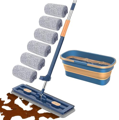 Großer Flacher Mop und Eimer Set, Selbstauswringender Flachmopp für Nass- und Trockengebrauch mit Schaber, 360° Drehbarer Reinigungsmopp, Verstellbarer Langer Griff aus Edelstahl,Blau