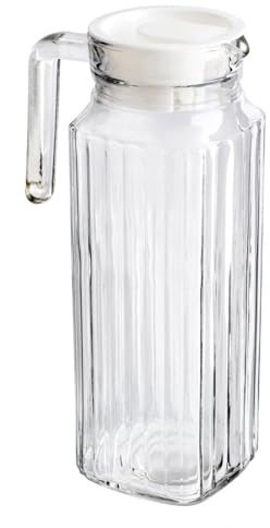 ARA CHOICE Glass Slim Jug 1.2L Pitcher With Non Drip Spout for Water, Juice, Cocktail, Milk - Ribbed Transparent With Lid for Fizzy Beverage Serving - Striped Kettle for Narrow Door