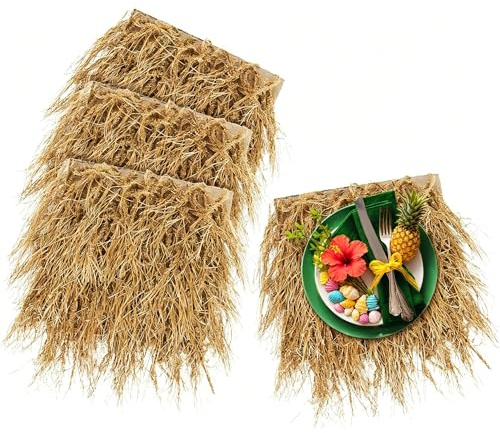 XLX TURF Fake Hay Table Placemats, Realistic Artificial Thatch Straw Mats for Easter Party, Western, Jungle Safari, Wild One Birthday, Baby Shower Rustic Grass Crafts Table Decor - 13x13, 4 Pack