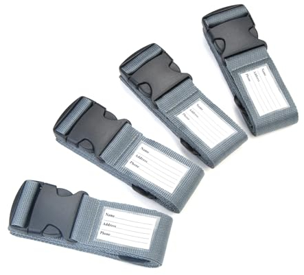 Yizhet Kofferband Koffergurt 4 Stück Gepäckgurte, Kreuz Sicherheitsgurt für Sichere Reisen (Grau mit Adressschild)