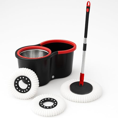 EPISENT Spin Mop and Bucket Set – 10L Self-Wringing Flat Mop with Stainless Steel Wringer, 360° Swivel Head & Adjustable Handle – 2 Reusable Microfibre Pads – For Laminate, Tile, Wood & Vinyl Floors | Adjustable handle, stainless steel wringer and 2 reusable microfibre pads for laminate, tile, wood and vinyl floors