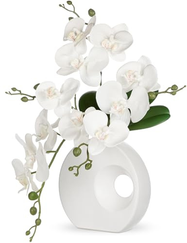 Briful Artificial Orchid White Flowers in Modern Ceramic Vase 15.7 Tall Faux Orchid Arrangement Silk Orchid Flower Fake Orchid Centerpiece for Home Office Room Wedding Table Décor