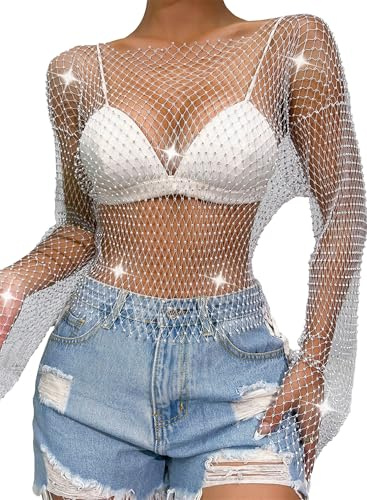 FEOYA Mesh Kristall Y2k Crop Top Glitzer Top Fischnetz Cover Up Strass Netzshirt Pailletten Netzoberteil für Nachtclub Party Festival Weiß M