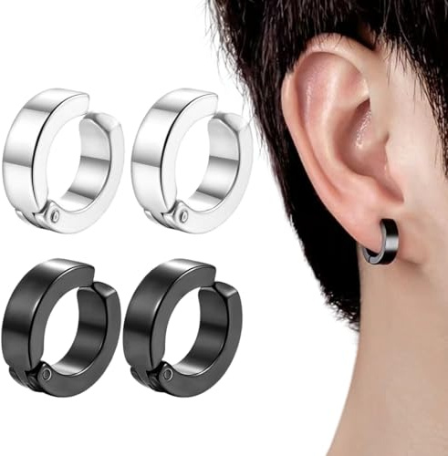 2 paires de clips d'oreilles non percées pour hommes et femmes, fausses boucles d'oreilles en acier inoxydable, boucles d'oreilles homme en acier noir, bijoux clip d'oreille non percées