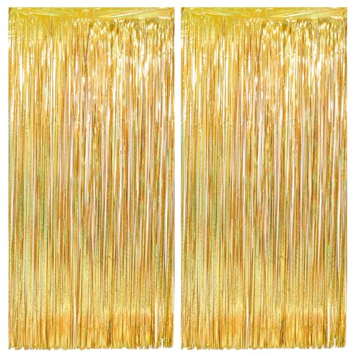 2 Stück Lametta Vorhang Gold, Glitzervorhang Lametta Gold, Glitzer Party Vorhang Geburtstag Folien Fransen Vorhänge fur Geburtstagsdeko Party Deko Neujahr Goldene Hochzeit Deko Fotowand Hintergrund