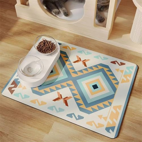 Hearda Futtermatte Hund rutschfest, Ethnisch Stil Napfunterlage Hund Saugfähig Katzen Futternapf Unterlage Schnelltrocknend Unterlage Katzennapf Futternapf Matte (40x60cm,Blau + Gelb)