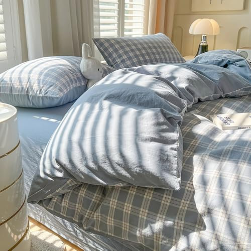 Covebett Housse de Couette 140x200 à Carreaux Vichy Bleu Moderne Parure de Lit Adulte 1 Personne Housse Couette en Microfibre Linge de lit avec Fermeture Éclair et 1 Taies d'oreiller 65x65cm