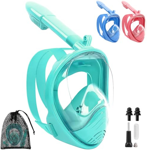 SaiXuan Snorkelmask XS för barn – 180° dykmask med torrandningssystem, anti-dimma och anti-läcka, med bärväska, kamerahållare och tillbehör – dykglasögon för pojkar och flickor (grön)