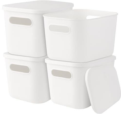 LDXDRU 4 Stück Aufbewahrungsbox Kunststoff Klein, 26x18x16CM Aufbewahrungskorb mit Deckel, Multifunctional Ordnungsboxen, Stapelbare Kleine Boxen mit Griffen für Regale, Küche, Büro, Schrank, Bad