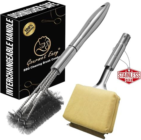 2-in-1 Stainless Steel Grill Brush Cleaning Kit, Grilling Accessories, Interchangeable BBQ Brush & Griddle Scraper with Fire-Resistant Cleaning Sponge, Dishwasher Safe Grill Cleaner, BBQ Accessories