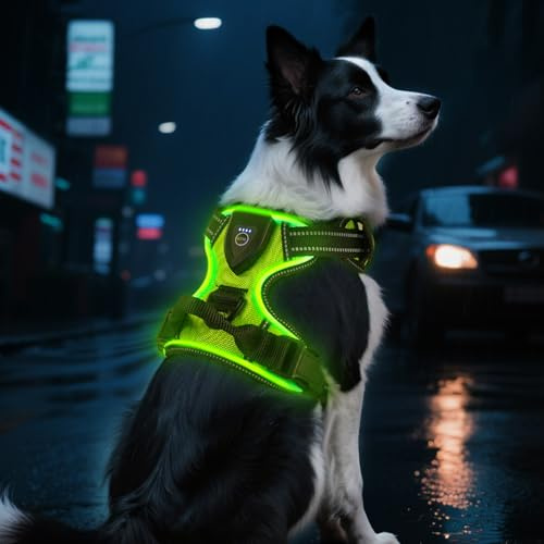 AUAUY Uppladdningsbar LED-hundsele, Ljusande Hundsele, Justerbar, Med Handtag, Andningsbar, Mjuk ch Förtjockad Säkerhetsväst för Små, Medelstora och Stora Hundar(Grön- M)