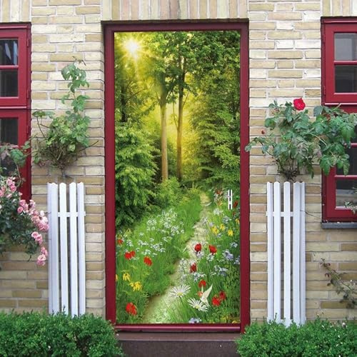 Türtapete Selbstklebend 100x200 cm Wald Wildblumen Türaufkleber 3D entfernbar für schlafzimmer wohnzimmer badezimmer dekoration - türposter wasserdicht