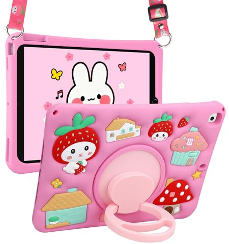 Coolden für iPad 9. / 8. / 7. Generation Hülle 10,2 Zoll 2021/2020/2019 für Kinder Teens Erdbeere Haus Stoßfeste Schutzhülle mit 360°Drehbar Ständer Schultergurt für iPad Hülle 9. Generation Rosa