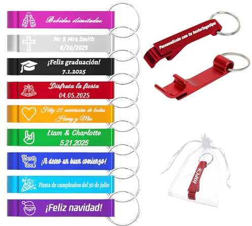 Llaveros Abrebotellas Personalizados - Abridor Personalizado con Logo/Texto para Regalo - Detalles de Boda para Invitados, Llaveros Originales para Eventos y Empresas (10 Abrebotellas)