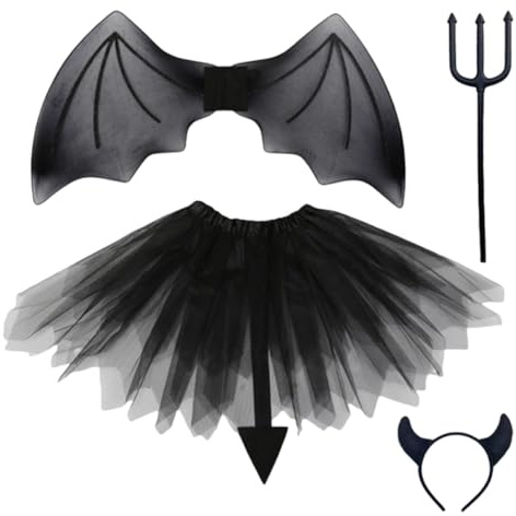 KOMBIUDA Costume Diavolo Halloween con Forcone Fascia Corna e Gonna Scura Accessori Cosplay per Feste e Mascherate