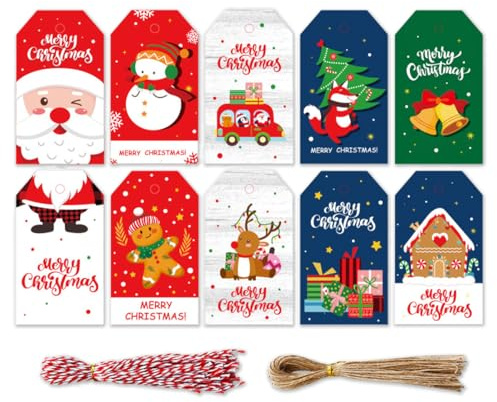 100 Pcs Etiquetas Regalo Navidad, Etiquetas Etiquetas para Envolver Papel Kraft Etiquetas Colgantes Feliz Navidad con Cuerda para Regalos, DIY y Decoración Navideña (F)