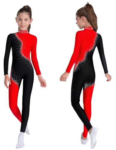Jhaoyu Little Girls' Full Body Gymnastics Leotards Dance Jumpsuit Long Sleeve Unitard One Piece Catsuit Red 13-14 Years