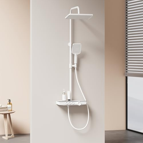 EMKE Duschsystem mit Thermostat, MattWeiß Duschsystem mit Thermostatische Platte, Duschset Handbrause 3 Strahlarten, Regendusche mit Armatur, Duschgarnitur Kopfbrause, Duscharmatur Komplettset
