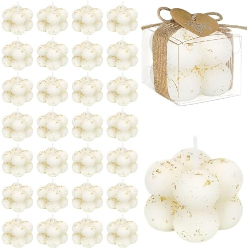 Lot de 30 Bougies Bulles Blanches et Or, Cadeaux d’Invités avec Boîtes | Mini Bougies Décoratives avec Cartes de Remerciement et Ficelle pour Mariage, Baptême, Anniversaire et Fête