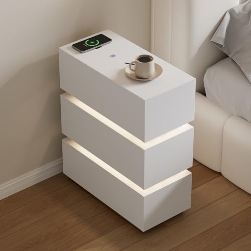 Homary Slim Bedside Tables 3 Drawers, Lumio LED Bedside Table with Wireless Charging Station, Narrow Wooden bedroom bedside cabinet, Samll Nightstand Side End Tables for Bedroom, Living Room, White