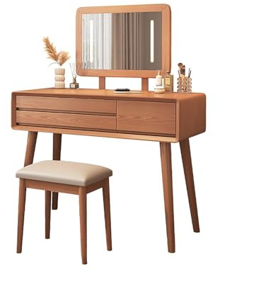 Vanity moderno in legno di ciliegio con specchio, 3 cassetti, 40 x 76 cm, facile da montare, elegante tavolo da toeletta per camera da letto, organizer per trucchi, mobili per la casa