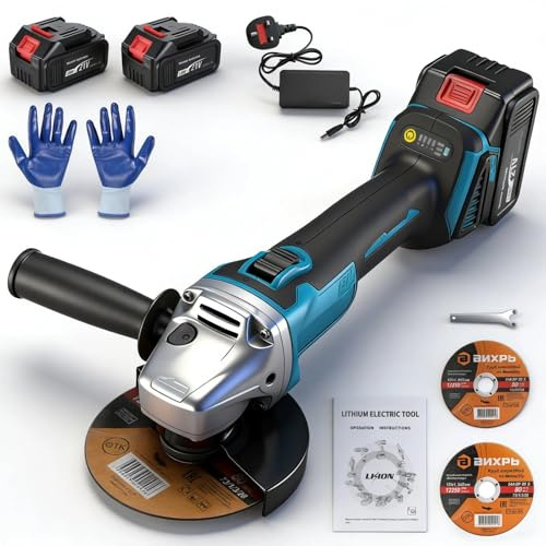 GEARFLOW Electric Cordless Angle Grinder with Battery (2 x 3.0Ah) - 125mm Grinder Cutter Machine, Brushless Angle Grinder, 3-Speed with 2 Cutting Discs