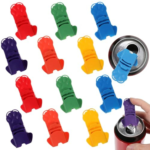 Juego de 12 abrelatas de soda con forma de pata de gato, abridor de pestañas fácil con una sola mano y protector de bebidas, reutilizable y colorido de plástico de cubierta completa, se adapta a