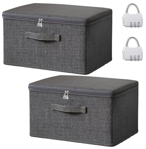 Cnwinu 2PCS Storage Box with Lids and Zips,Grey Foldable Lockable Wardrobe Storage Organiser,Stackable Storage Boxes with Reinforced Handle,Clothes Storage Boxes for Blanket Toy Comforter Bed Sheet(L)