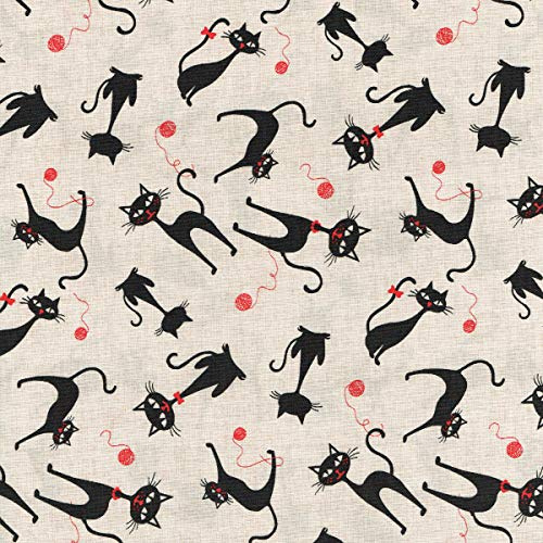 Textiles français Baumwollstoff | Die Schwarze Katze (Ecru Braun und Rot) | 100% Baumwolle | Stoffbreite: 140cm (1 Meter)
