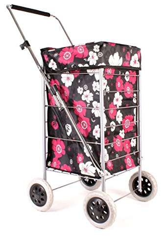 Premium 4 Wheel Shopping Trolley with Adjustable Handle Black Pink Flower Design