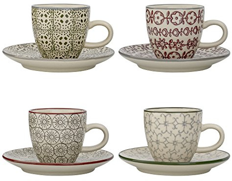 Bloomingville Tazza da caffè con piattino Karine, diversi colori, in ceramica, 4 pezzi (confezione da 1)