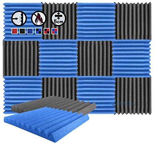 Arrowzoom 12 Acoustic Panels Wedge Sound Absorbing Acoustic Treatment Tiles 50x50x5cm Noise Cancellation 26kg/m3 High Density Acoustical Walls Dampening Foam Fire Retardant 1134 Black Blue