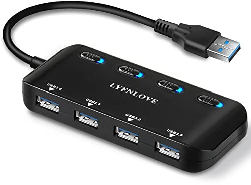 Multi USB Port Expander, LYFNLOVE Ultra Slim USB Hub 3.0, 4-Ports USB Splitter High-Speed USB Data Hub with Individual On/Off Power Switches for Laptop, Computer, PC, Thumb Driver and More