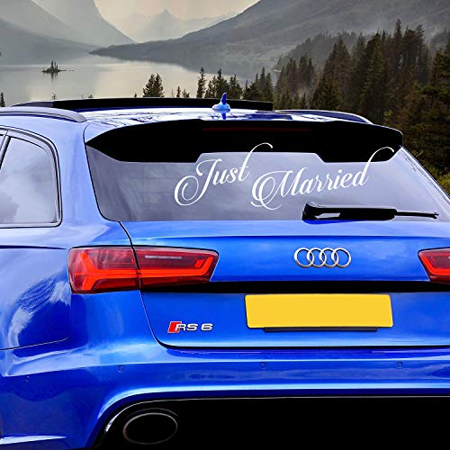 Decords Just Married Auto Vinyl Hochzeitsaufkleber - Fensterglas Geschenk-Dekor Stick Angebot Fahrzeugaufkleber - Paar Braut abnehmbar weißes Schild Wandbild