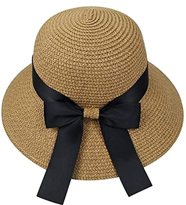 Moxamo Damen Sommer-Strohhut, Sonnenhut, UV-Schutz, Strandkappe, faltbares Visier, Schlapphut, breite Krempe mit Riemen, mit Schleife (braun)