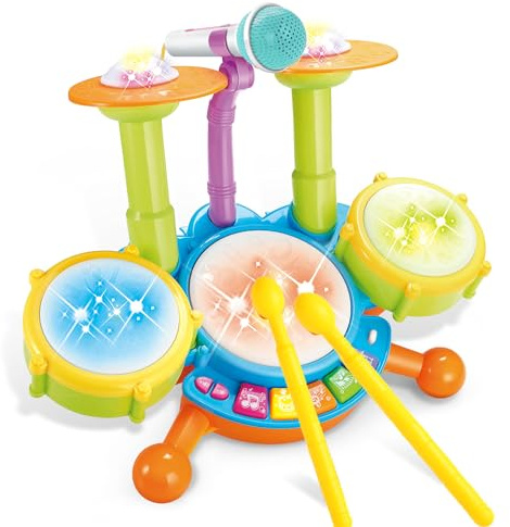 Kinder Trommel Set, mit 2 Trommelstöcken, Beats Flashlight und verstellbarem Mikrofon für Jungen und Mädchen im Alter von 1-12 Jahren Geschenk