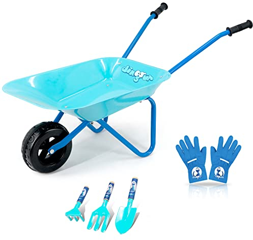 Colwelt Kinder Schubkarre Set Metall, 5-teilig, Metall Kinderschubkarre für den Garten mit Schaufel, Rechen, Gabel und Kinderhandschuhen, Kinder Gartengeräte Set (Blau)