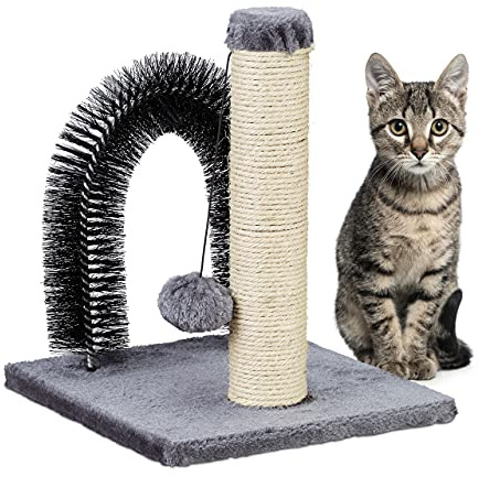 Relaxdays Katzen Kratzsäule mit Enthaarungsbogen, 2in1, Sisal Katzenbaum, Pflege und Spiel, Massagebogen, 37x30x30, grau