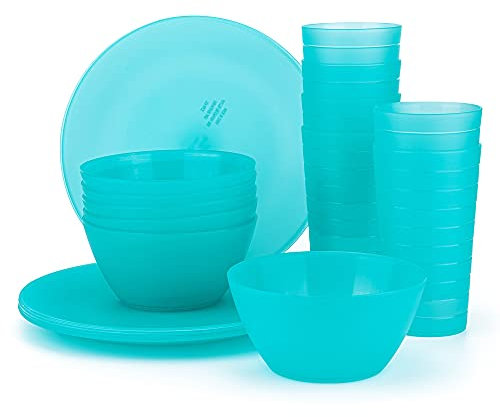 Set di 18 piatti in plastica, infrangibili e riutilizzabili, in plastica, ciotola e bicchiere | set di 18