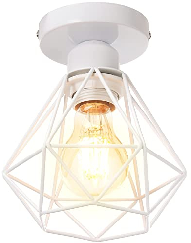 TOKIUS Lámparas de Techo Retro Plafón Ø 16cm Vintage Lámpara Colgante Diseño de Jaula de Hierro Blanco E27 Iluminación de Techo de Interior para Pasillo Porche Cocina Dormitorio (Plafon)