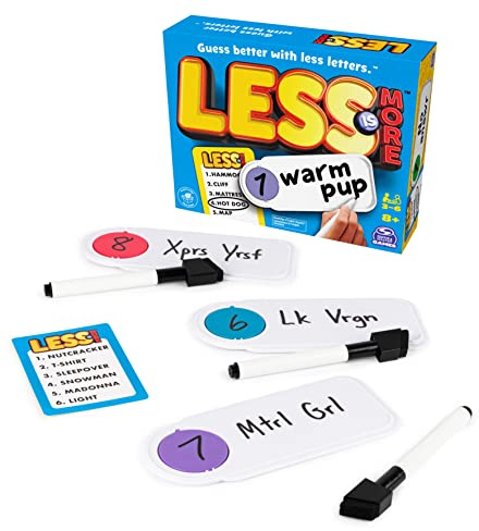 Less is More, party brädspel, roligt ord bokstäver kortspel, rolig present, leksak, vardagsrum, familjespelkväll, för vuxna, tonåringar och barn från 8 år