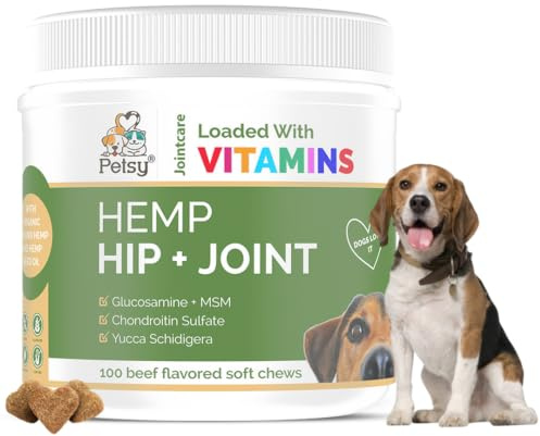 Petsy Hip and Joint Supplements for Dogs CALMING Hemp ACTIVE, Glucosamine, Chondroitin, MSM. Multivitamins |100 SOFT Chews| Daily NATURAL Aid CALMING Hemp oil suitable for All Dogs + Age Related Pain