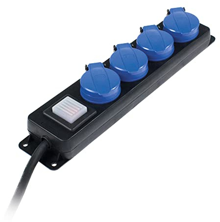 as - Schwabe Bloc de 4 prises de Distribution Avec interrupteur | prises de courant de sécurité Avec couvercles rabattables, 1,5 m de câble, 230V, 16A, IP44, Noir, 838611