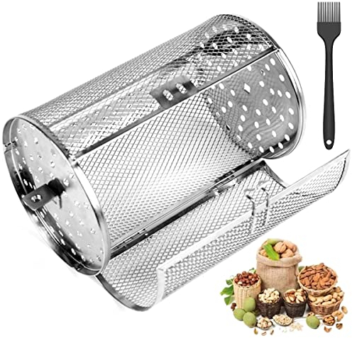 Rotisserie Basket with Oil Brush Stainless Steel Grill Roaster Drum Oven Round Rack Cage Heat Resistant 360° Rotating Air Fryer Accessory 12X18cm for Peanut Coffee Bean Nuts BBQ Walnut (with brush)