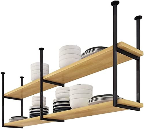 AYVADA Ceiling Rack Hanging Shelf, 2 Tier Unit Floating Shelf Planter, Decorative Metal Frame for Kitchen/Bar/Dining Room (Color : Black, Size : 100 x 30 x 80cm)
